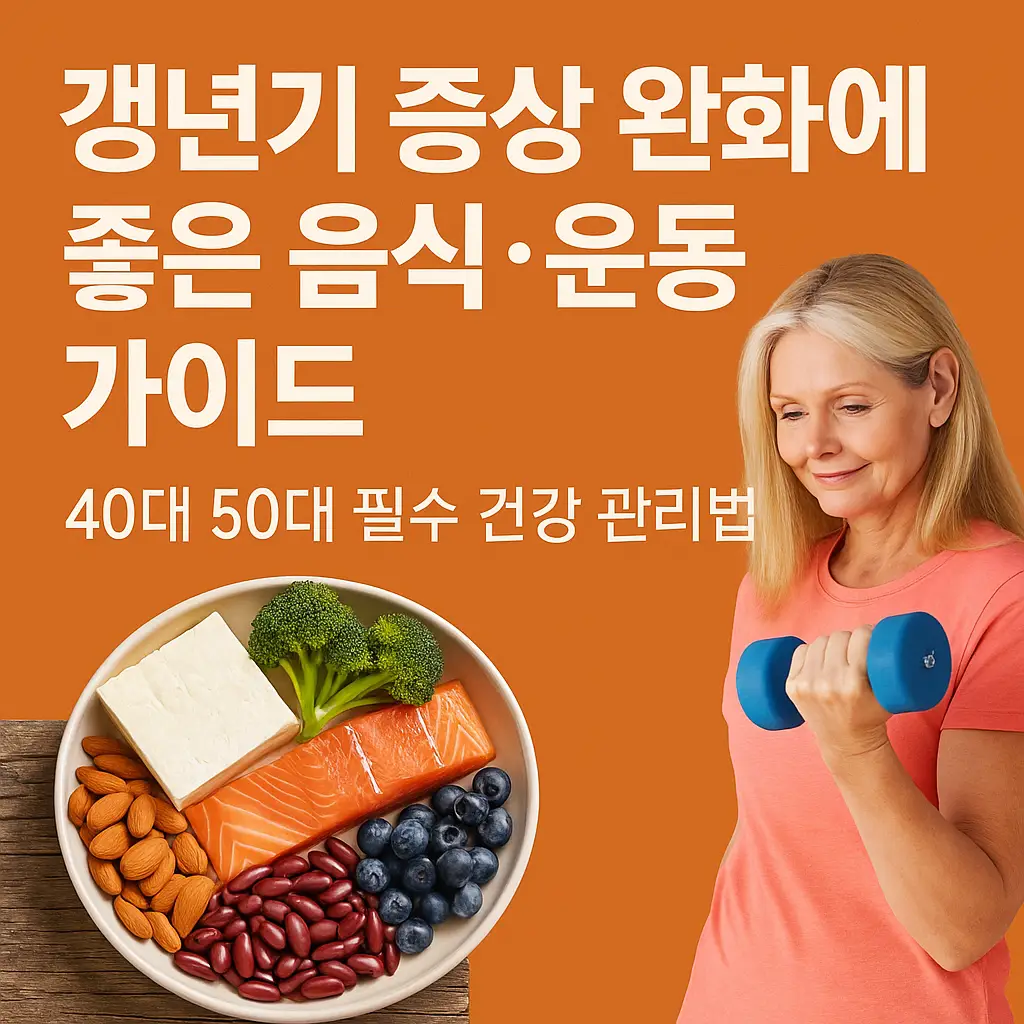 갱년기 증상 완화에 좋은 음식과 운동을 소개하는 썸네일 이미지. 중년 여성이 아령 운동을 하고, 옆에는 두부, 연어, 아몬드, 블루베리 등 건강 음식이 담긴 접시가 놓여 있음.
