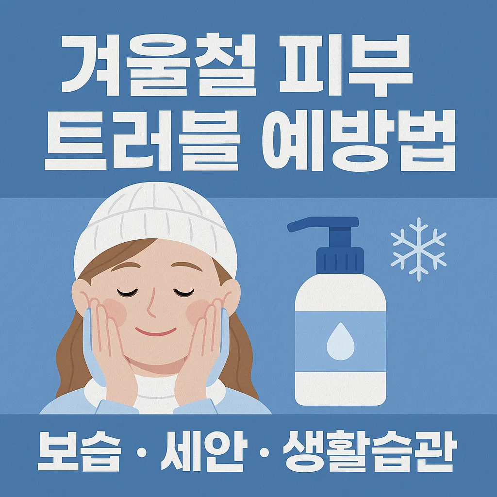 겨울철 피부 트러블 예방법을 주제로 한 한국어 썸네일 이미지 – 눈송이 배경 위에 보습, 세안, 생활습관 관리 키워드가 강조된 디자인