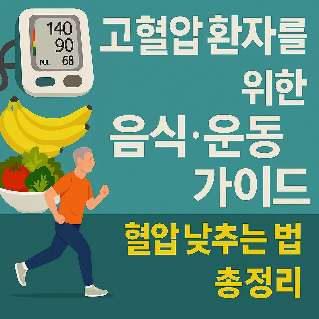 고혈압 환자를 위한 음식·운동 가이드 – 혈압 낮추는 법 총정리 썸네일. 혈압계, 채소와 과일, 운동하는 중장년 남성이 함께 배치된 건강 관리 이미지