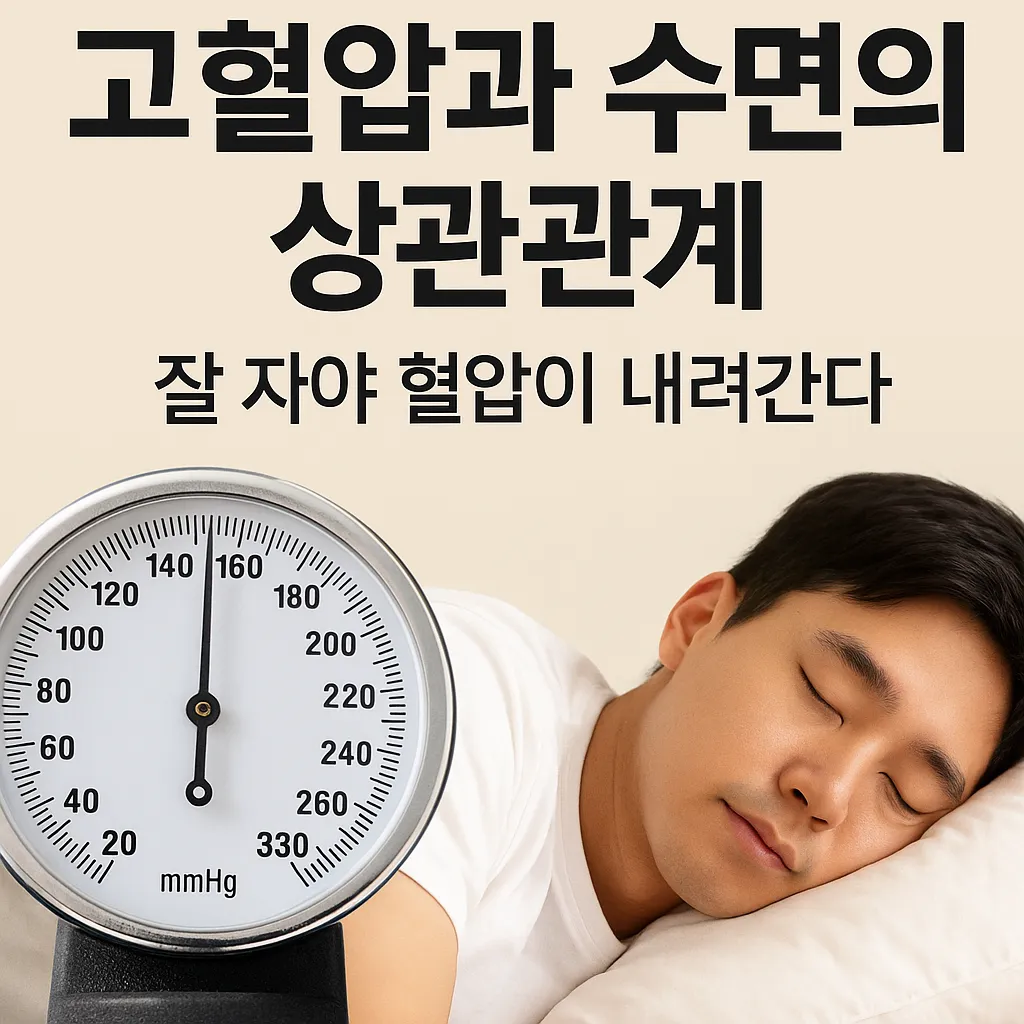 고혈압과 수면의 상관관계를 표현한 썸네일. 혈압계와 숙면을 취하는 남성이 함께 배치되어 있으며, 상단에는 '고혈압과 수면의 상관관계 – 잘 자야 혈압이 내려간다'라는 문구가 적혀 있음.