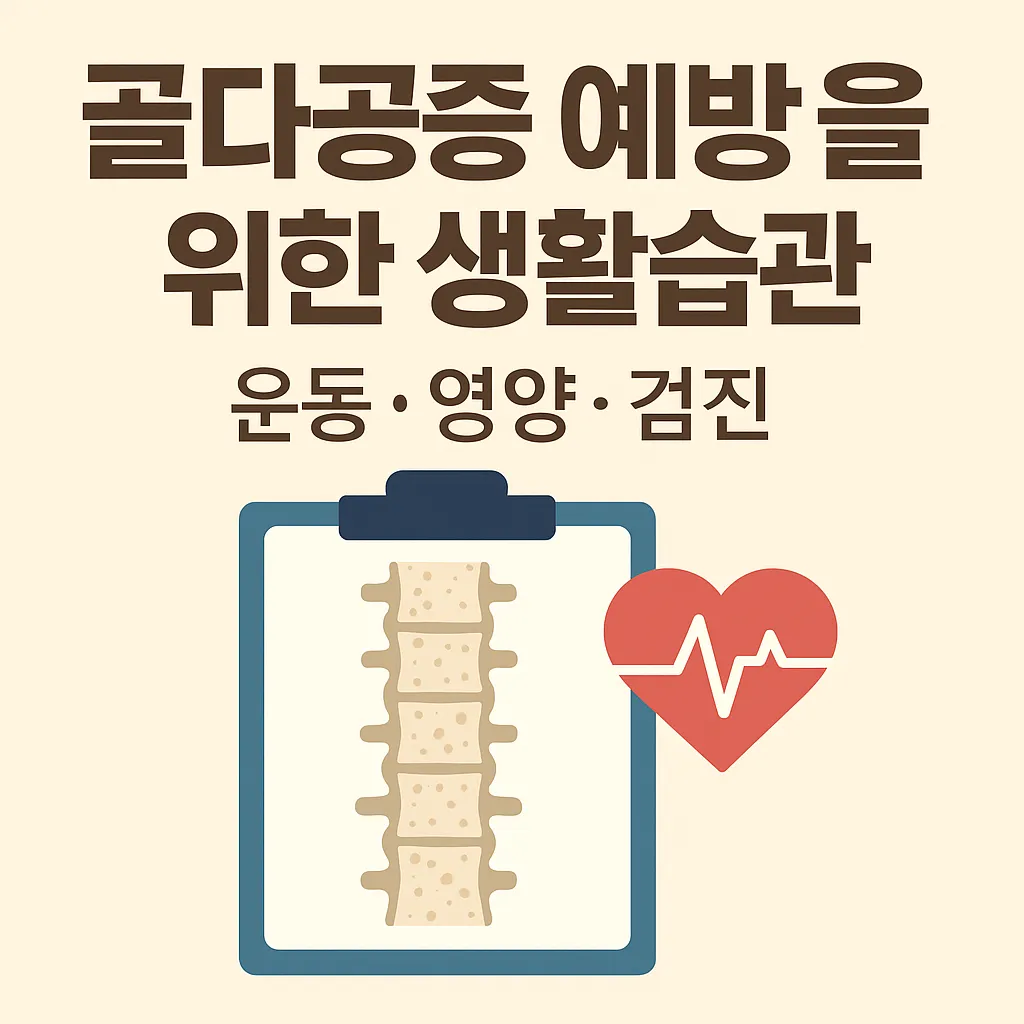 골다공증 예방을 위한 생활습관을 강조하는 한국어 썸네일 이미지 – 운동, 영양, 정기 검진을 상징하는 아이콘과 따뜻한 배경 디자인