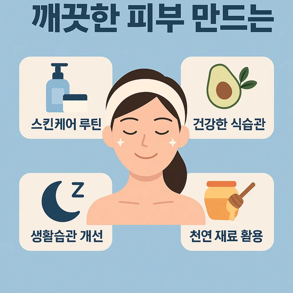 깨끗한 피부 만드는 꿀팁 – 스킨케어 루틴, 건강한 식습관, 생활습관 개선, 천연 재료 활용을 강조한 인포그래픽