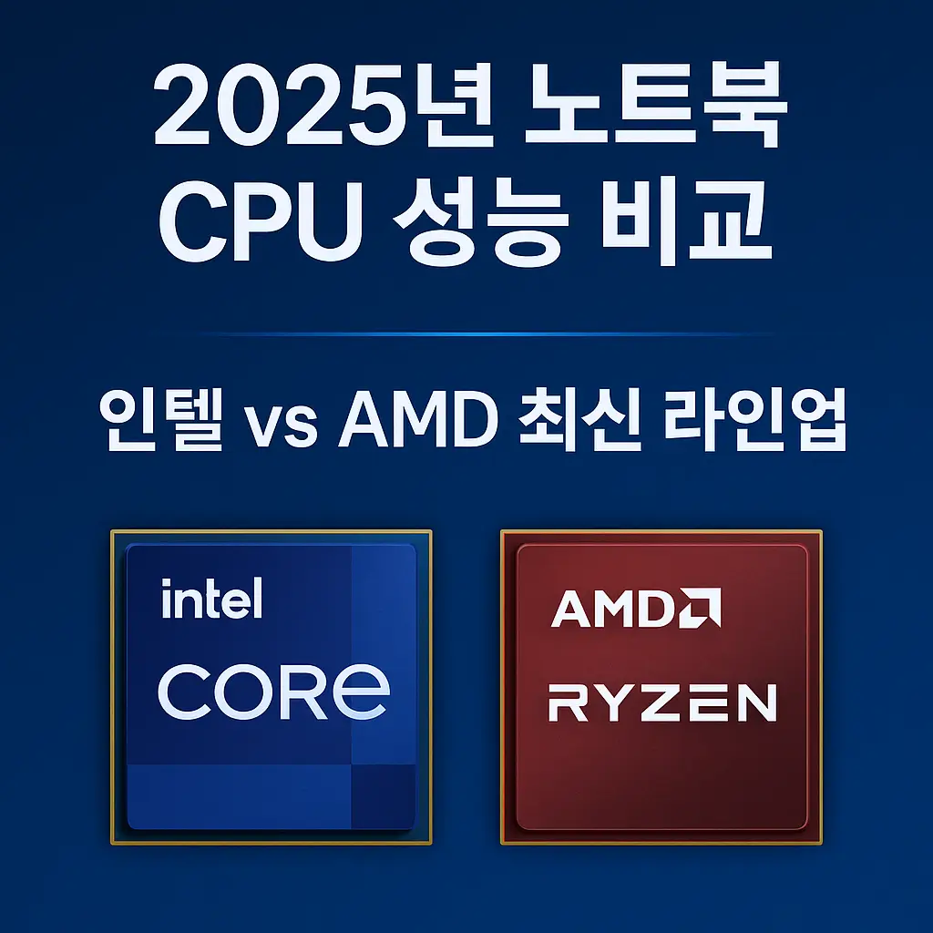 2025년 노트북 CPU 성능 비교 – 인텔과 AMD 최신 라인업을 강조한 정사각형 썸네일 이미지