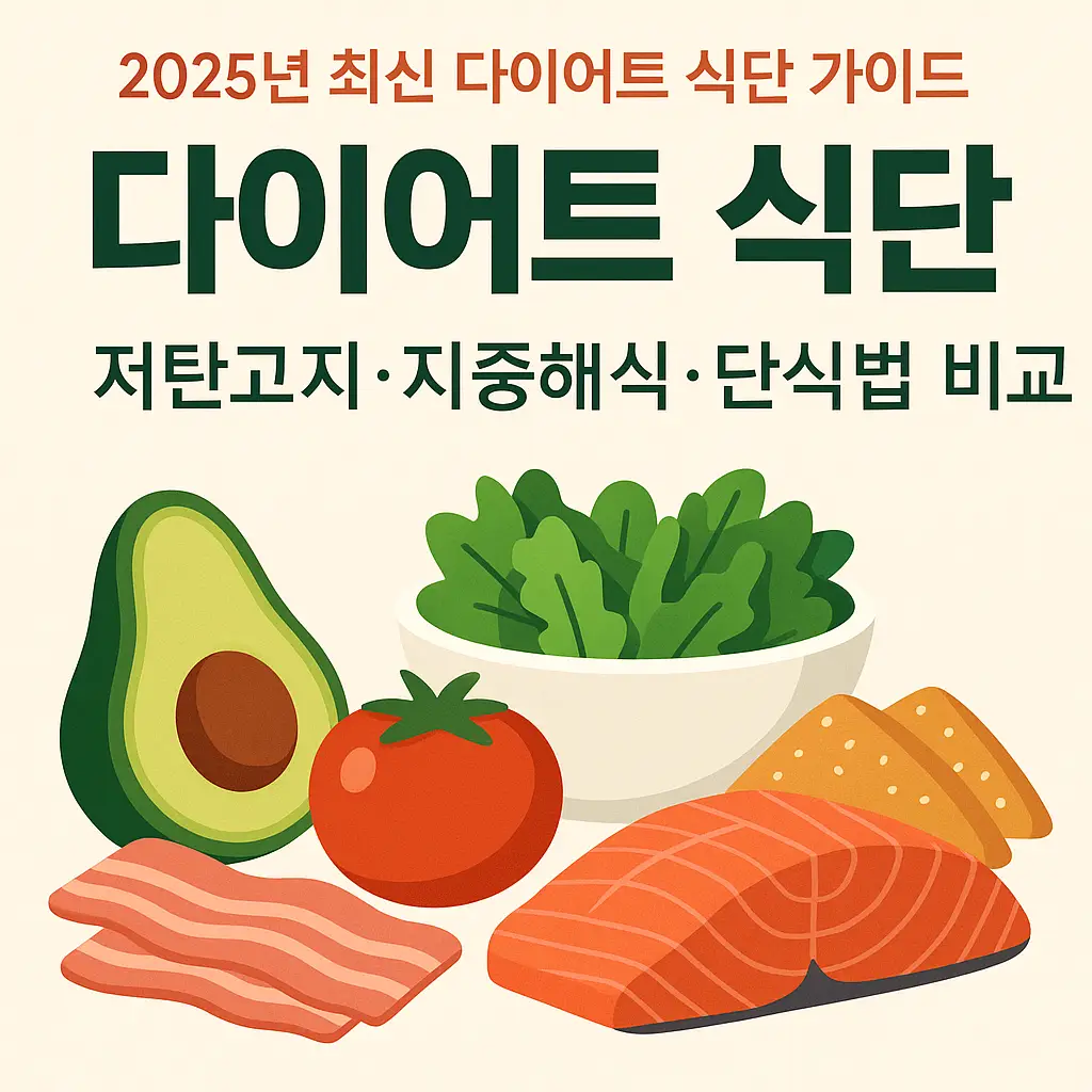 2025년 최신 다이어트 식단 가이드 – 저탄고지·지중해식·단식법 비교라는 문구와 함께 아보카도, 토마토, 연어, 채소 샐러드가 그려진 썸네일