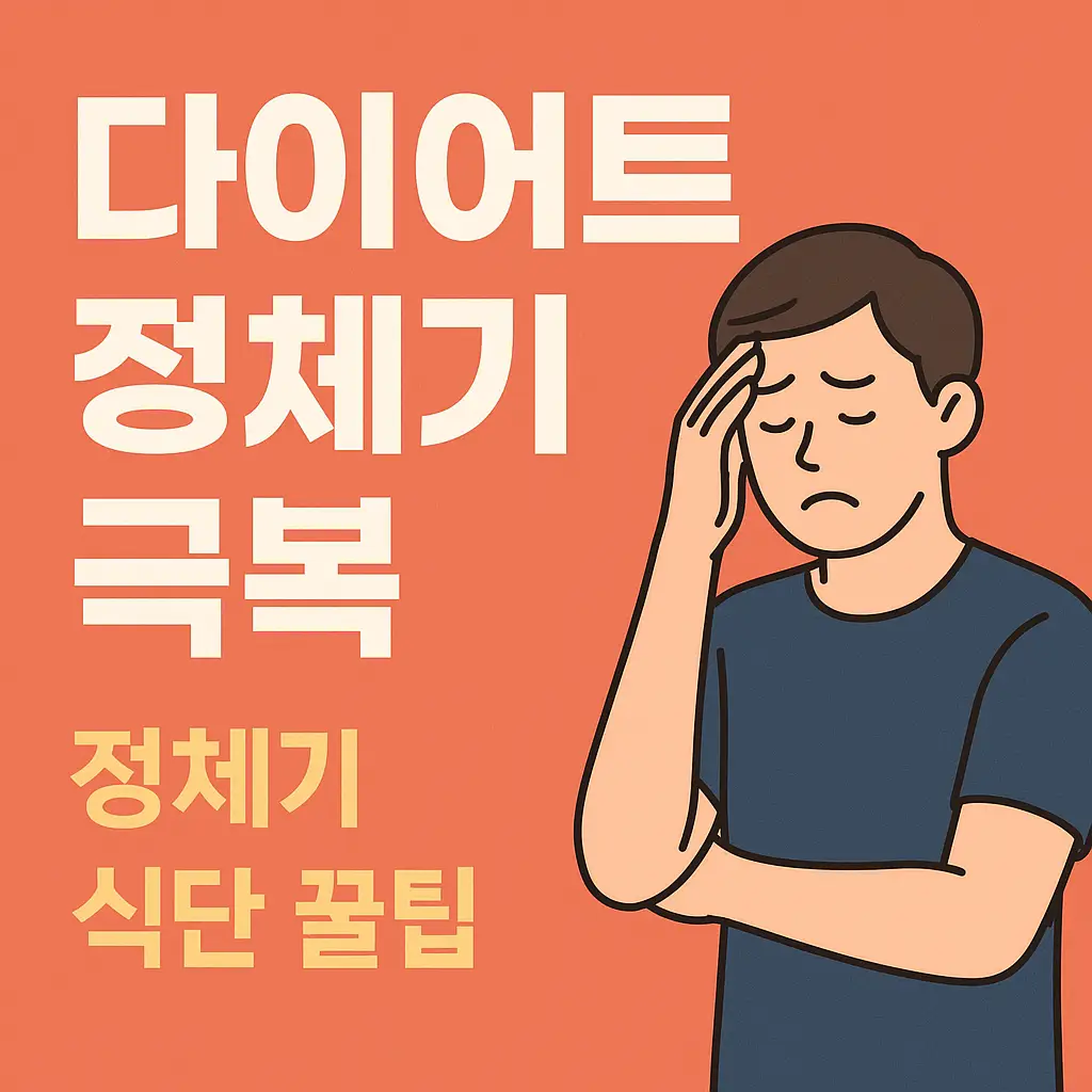 다이어트 정체기 극복, 정체기 식단 꿀팁이라는 문구와 고민하는 남성 일러스트가 있는 블로그 썸네일 이미지