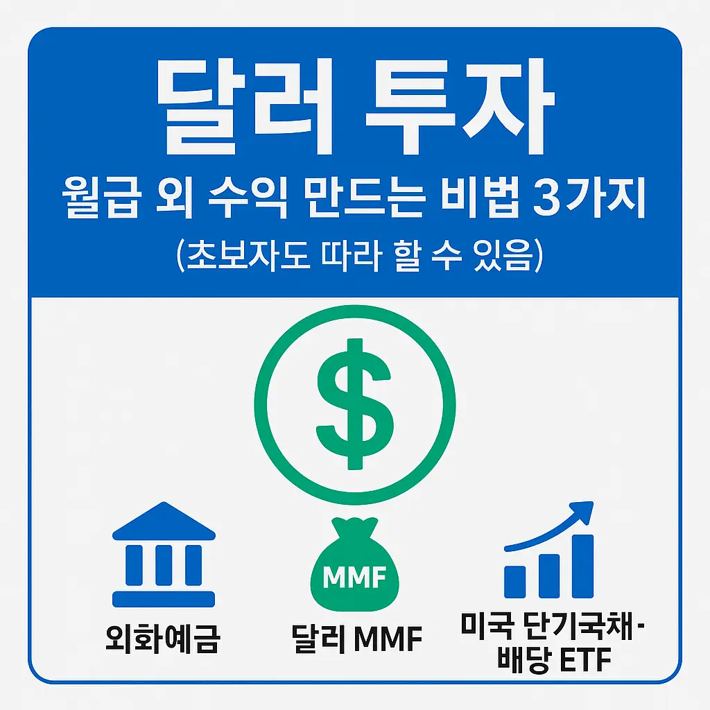 달러 투자로 월급 외 수익 만드는 3가지 비법 – 외화예금, 달러 MMF, 미국 단기국채·배당 ETF를 소개하는 파랑·초록 컬러 인포그래픽