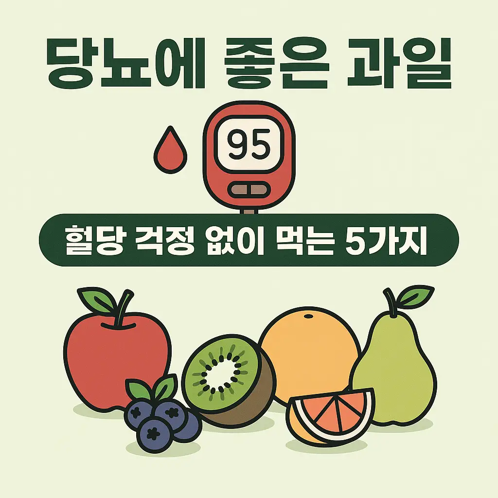 당뇨에 좋은 과일 5가지 – 사과, 베리류, 키위, 자몽, 배를 표현한 인포그래픽