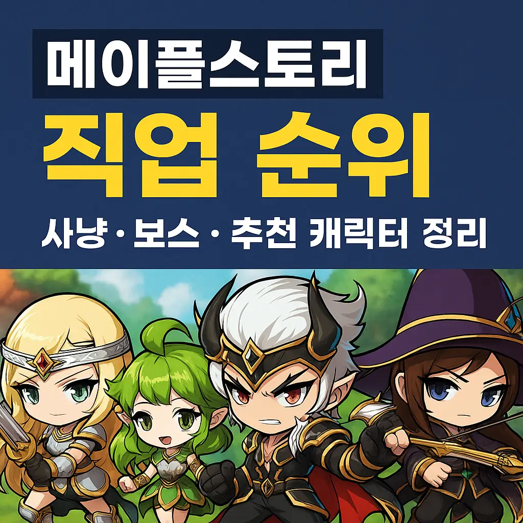 메이플스토리 직업 순위를 주제로 한 블로그 썸네일 – 사냥, 보스전, 추천 캐릭터 정보 안내