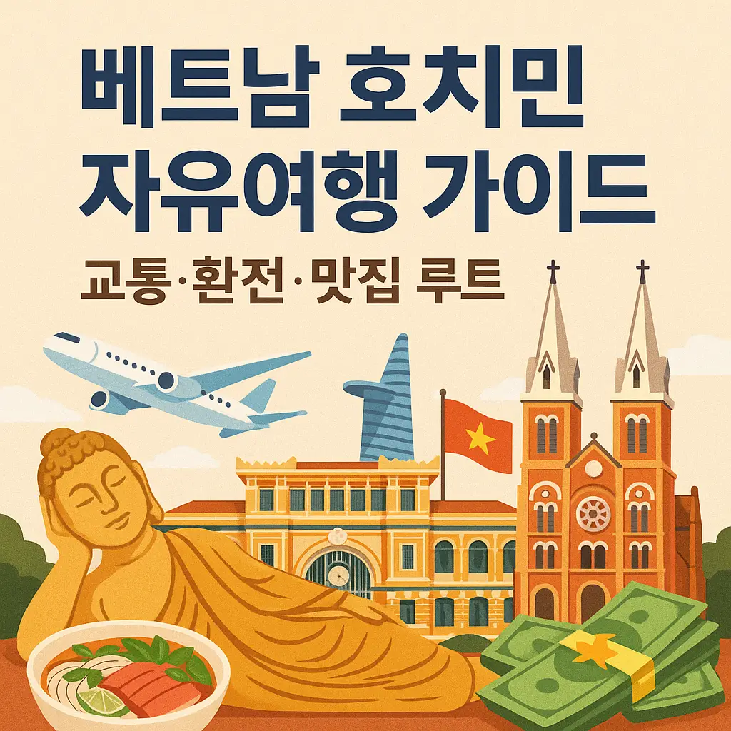 베트남 호치민 자유여행 가이드 썸네일 이미지. 사이공 중앙우체국, 사이공 대성당, 비텍스코 타워 등 랜드마크와 불상, 베트남 국기, 비행기, 현지 음식과 지폐가 함께 표현된 따뜻한 색감의 여행 일러스트.