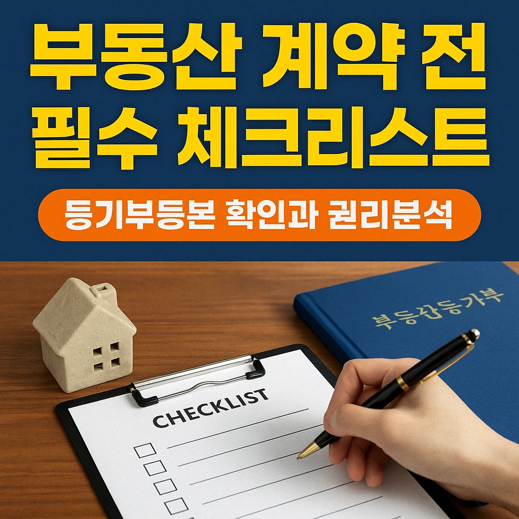 부동산 계약 전 필수 체크리스트 – 등기부 확인과 권리분석을 강조한 한국어 썸네일 이미지