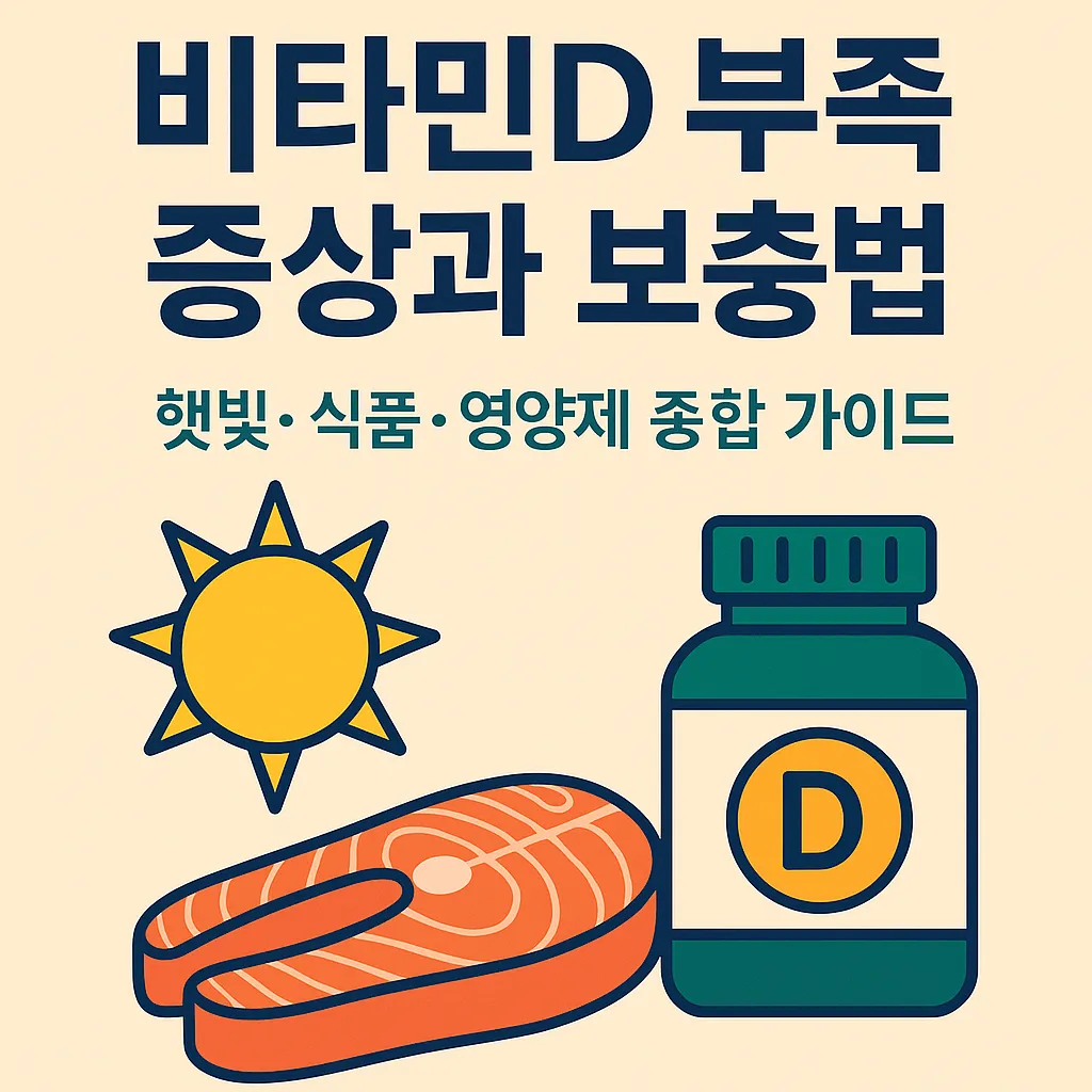 비타민D 부족 증상과 보충법을 설명하는 블로그 썸네일 이미지. 햇빛, 연어, 비타민D 영양제 아이콘이 함께 배치된 밝고 건강한 느낌의 디자인.