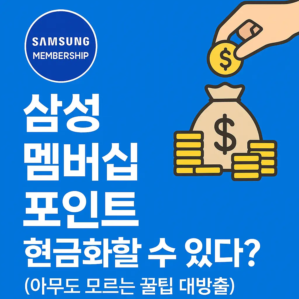 삼성 멤버쉽 포인트 현금화 꿀팁 블로그 썸네일 이미지. 파란색 배경에 삼성 로고와 포인트가 현금으로 변환되는 그래픽. 중앙에는 '삼성 멤버쉽 포인트 현금화할 수 있다?'라는 문구가 강조되어 있음