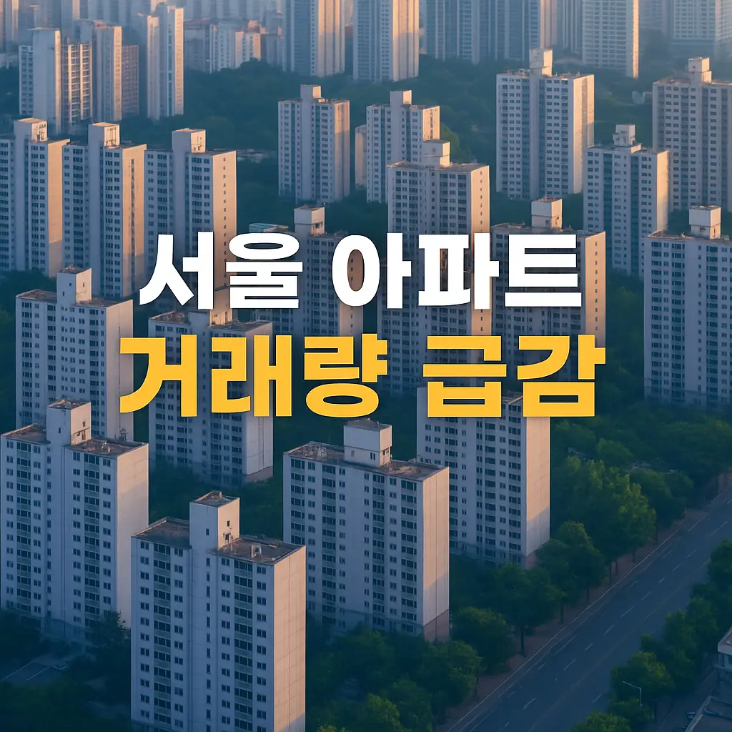 서울 아파트 단지 항공뷰 전경 위에 ‘서울 아파트 거래량 급감’이라는 굵고 선명한 한국어 텍스트가 표시된 정사각형 썸네일