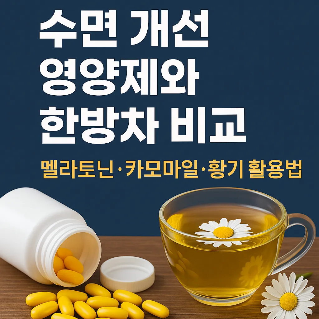 수면 개선에 좋은 영양제와 한방차 비교를 주제로, 멜라토닌 영양제 캡슐과 카모마일 차가 함께 배치된 썸네일 이미지