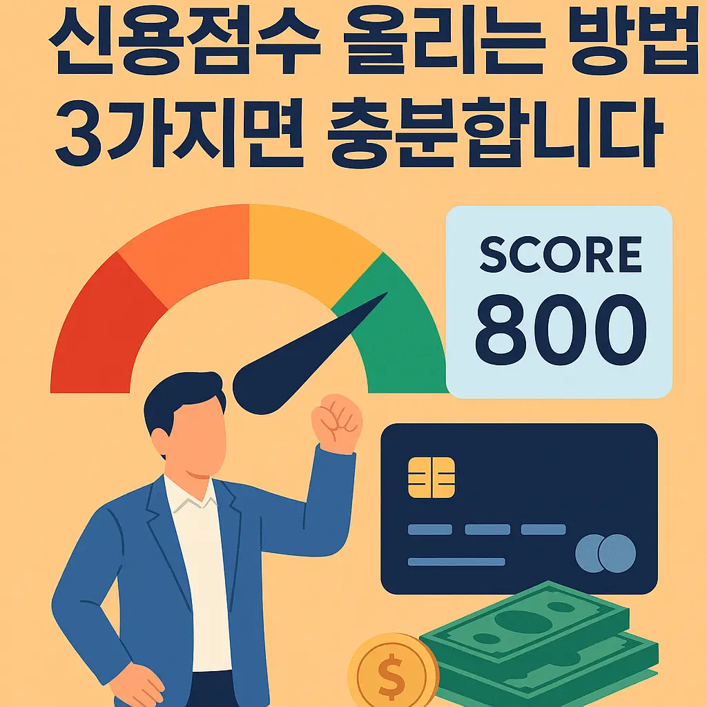 신용점수 800점을 달성한 남성과 카드, 돈, 점수 게이지가 그려진 인포그래픽 썸네일
