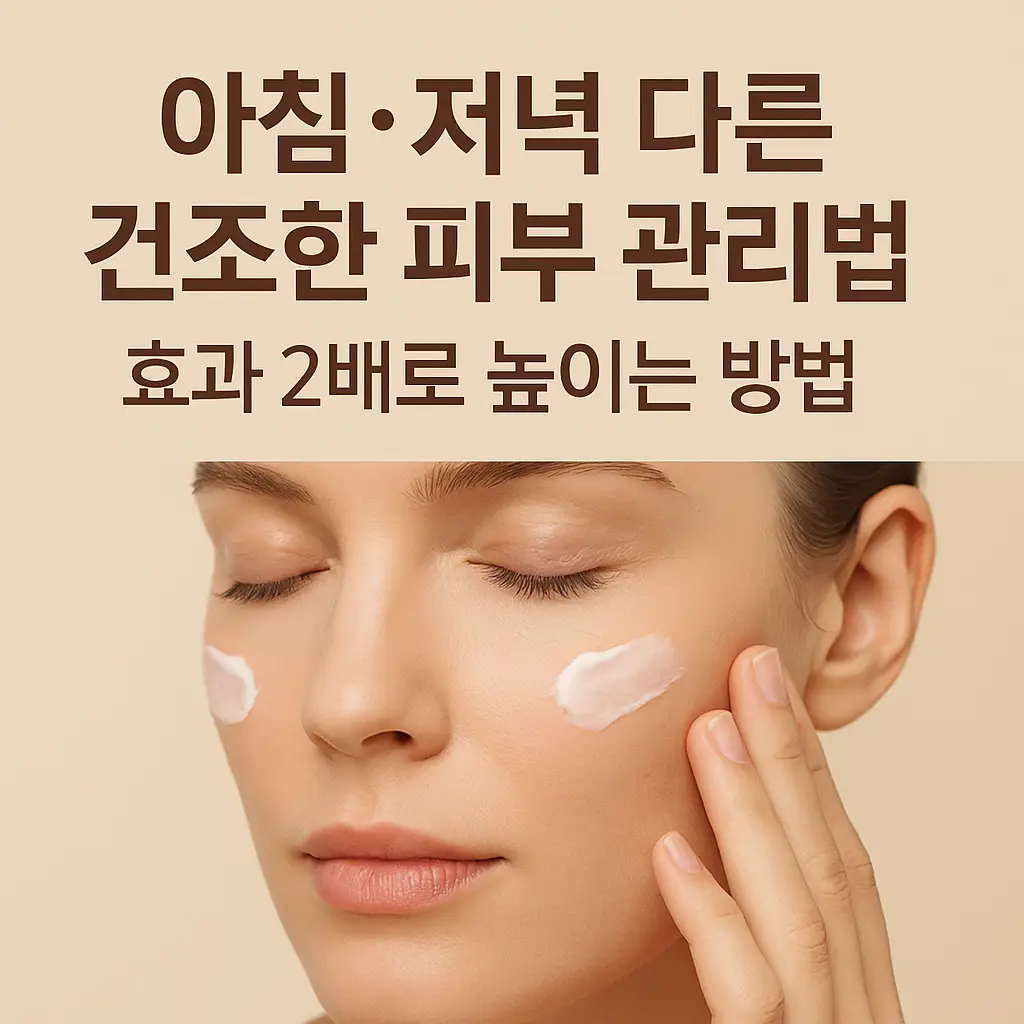 조한 피부 관리법을 주제로 한 썸네일 이미지, 상단에는 '아침·저녁 다른 건조한 피부 관리법, 효과 2배로 높이는 방법'이라는 굵은 한글 문구가 있고, 하단에는 보습 크림을 바르는 여성의 얼굴이 클로즈업되어 있음