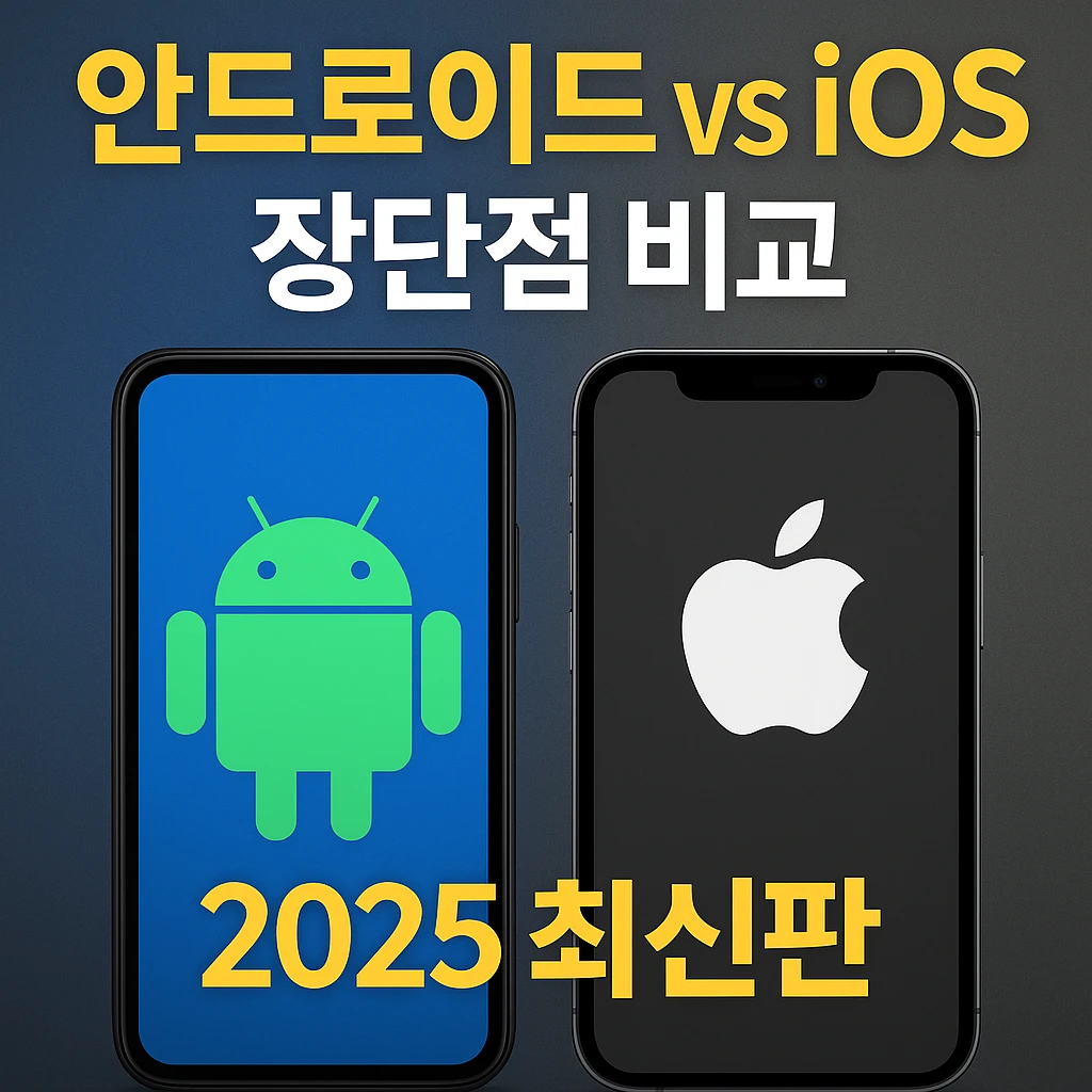 안드로이드 vs iOS 장단점 비교 2025 최신판을 주제로 한 스마트폰 비교 썸네일 이미지. 왼쪽에는 안드로이드 로고가 표시된 스마트폰, 오른쪽에는 애플 로고가 표시된 아이폰이 배치되어 있다.