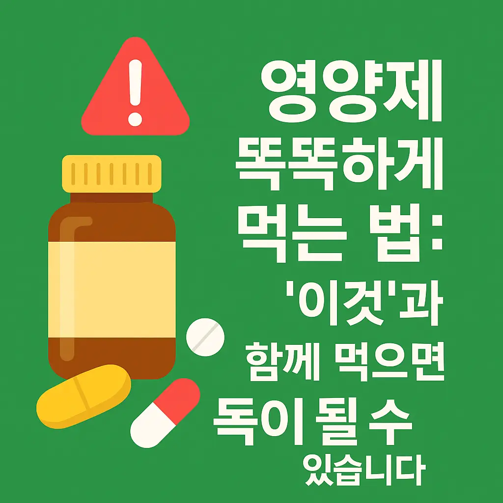 영양제 똑똑하게 먹는 법 썸네일 – 초록색 배경 위에 약병, 캡슐, 알약과 경고 아이콘이 함께 배치되어 있으며, '영양제 똑똑하게 먹는 법: 이것과 함께 먹으면 독이 될 수 있습니다'라는 문구가 강조된 블로그용 정사각형 이미지