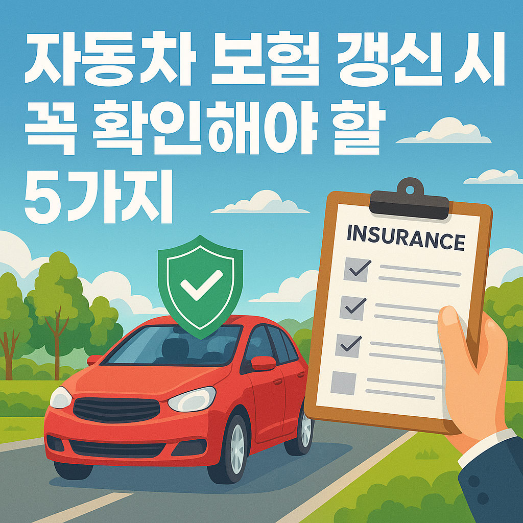자동차 보험 갱신 시 확인해야 할 5가지를 안내하는 디지털 썸네일 이미지. 빨간 자동차와 체크리스트, 보험 아이콘이 함께 배치된 일러스트