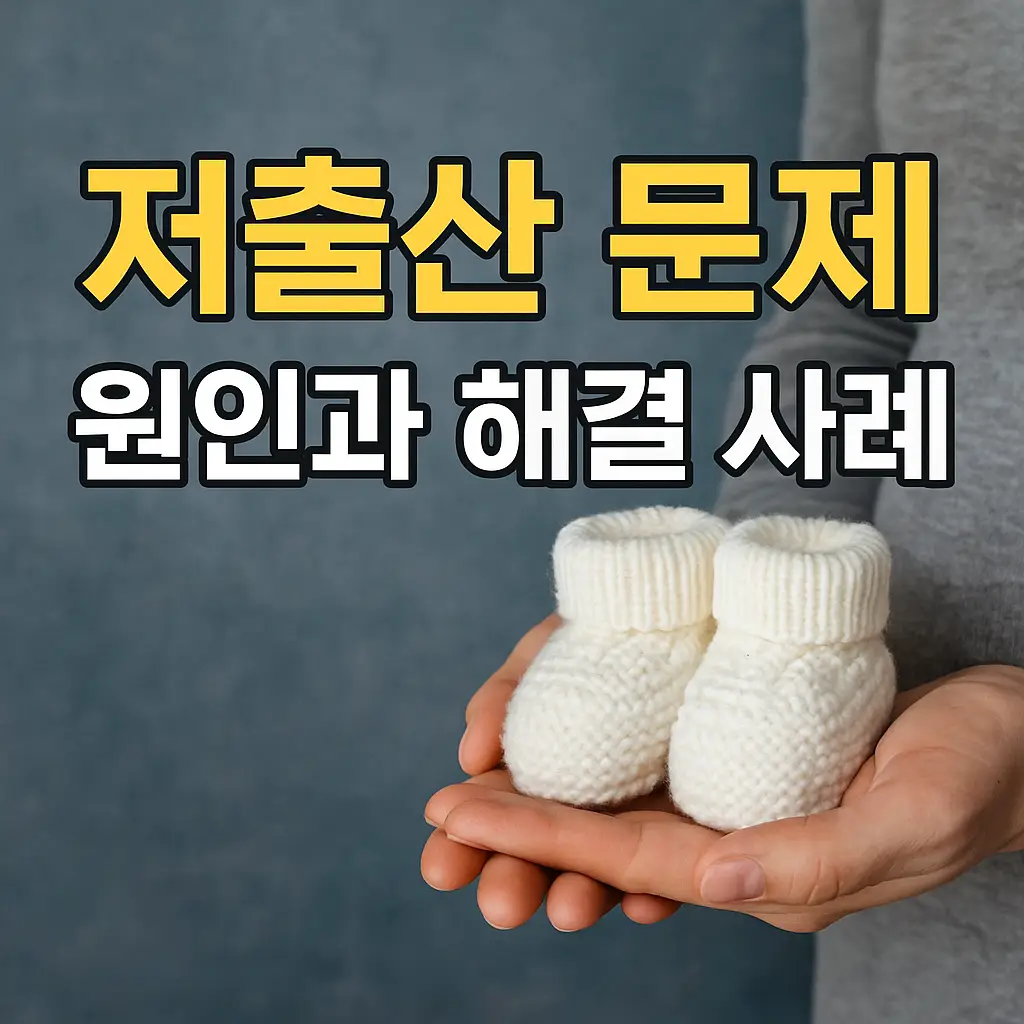 저출산 문제와 해외 해결 사례를 다룬 블로그 글 썸네일 – 굵은 한글 텍스트와 도시 배경 그래픽