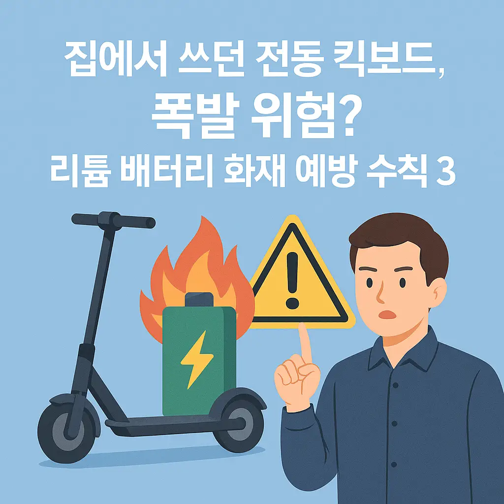 전동 킥보드 배터리 폭발 위험과 화재 예방 수칙을 알리는 경고 인포그래픽