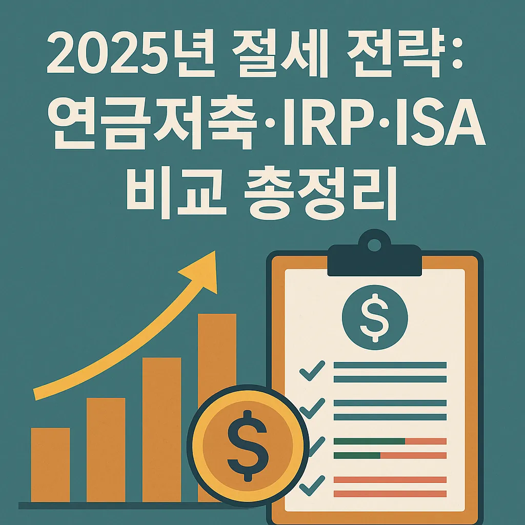 2025년 절세 전략: 연금저축·IRP·ISA 비교 총정리를 주제로 한 썸네일. 상승하는 그래프, 체크리스트 아이콘, 달러 심볼이 포함된 재테크·절세 관련 일러스트.