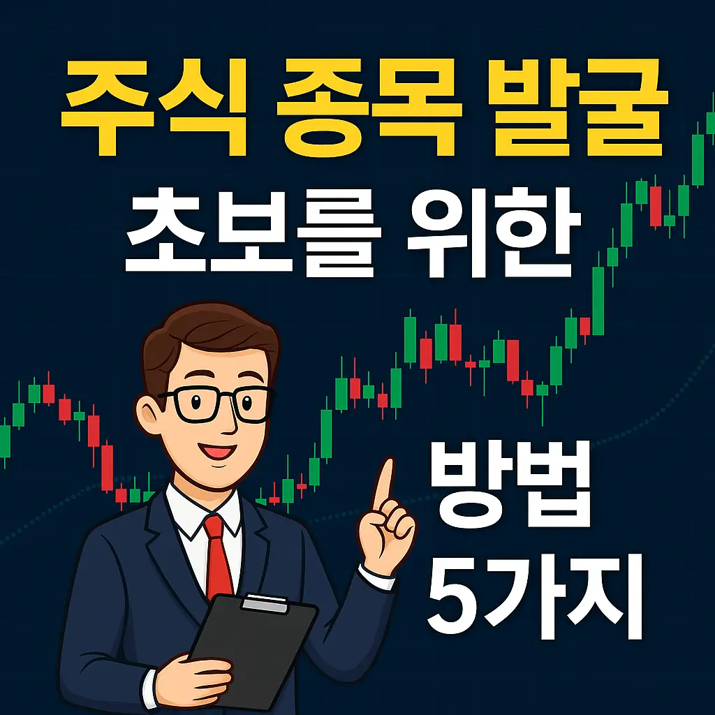 주식 초보를 위한 주식 종목 발굴 방법 블로그 썸네일 – 그래프와 주식 차트를 배경으로 책을 들고 공부하는 투자자 일러스트