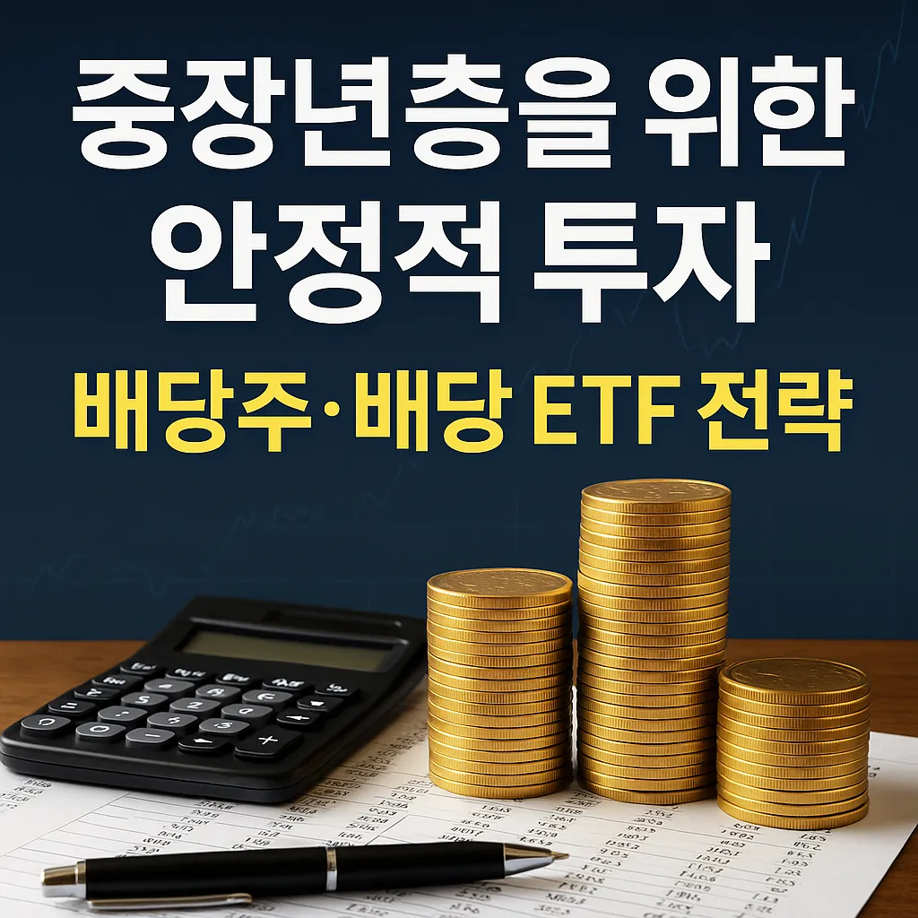 중장년층을 위한 안정적 투자 전략 썸네일 – 배당주와 배당 ETF를 상징하는 금화와 계산기 이미지