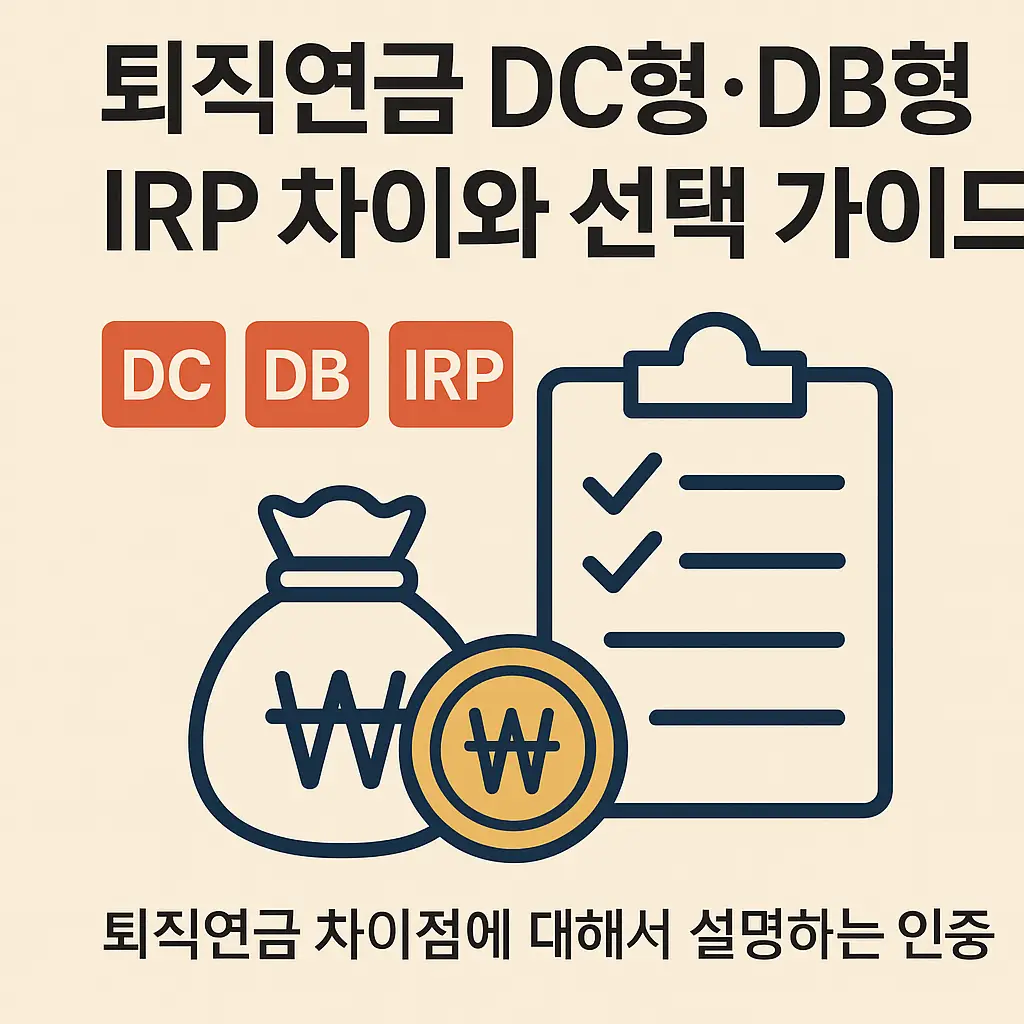 퇴직연금 DC형·DB형·IRP 차이와 선택 가이드를 주제로 한 썸네일. 상단에는 굵은 제목 텍스트가 있으며, 중앙에는 DC·DB·IRP 아이콘과 체크리스트, 하단에는 돈주머니와 금화 일러스트가 배치되어 있음