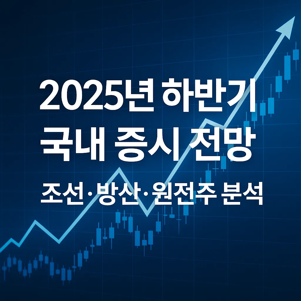 2025년 하반기 국내 증시 전망 – 조선·방산·원전주 분석이라는 문구와 주가 상승 그래프가 배경으로 표현된 썸네일 이미지
