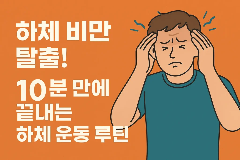 하체 비만 탈출! 10분 만에 끝내는 하체 운동 루틴이라는 문구와 오렌지색 배경 위에 머리를 짚고 있는 남성 일러스트