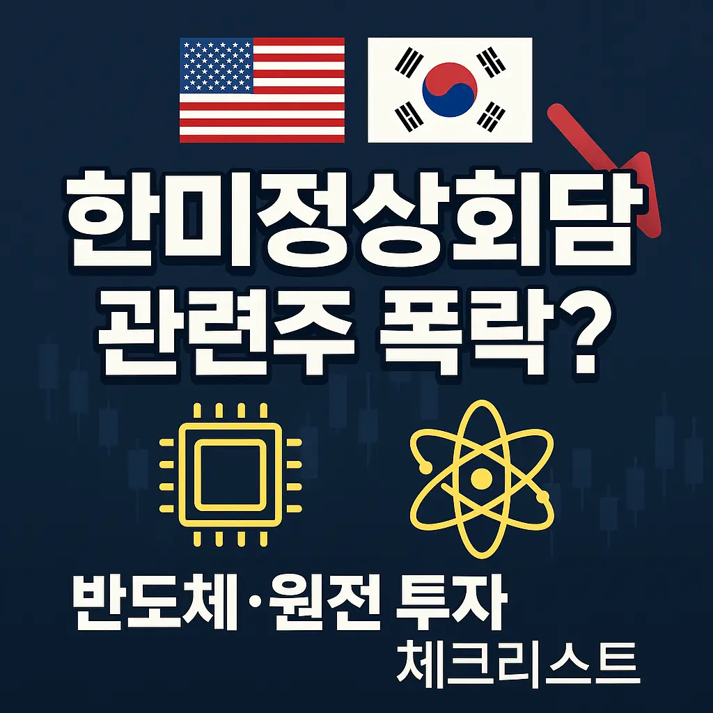 한미정상회담 이후 관련주 폭락? — 코스피 하락 캔들차트와 붉은 화살표, 반도체 칩·원자력 아이콘이 배치된 금융 썸네일