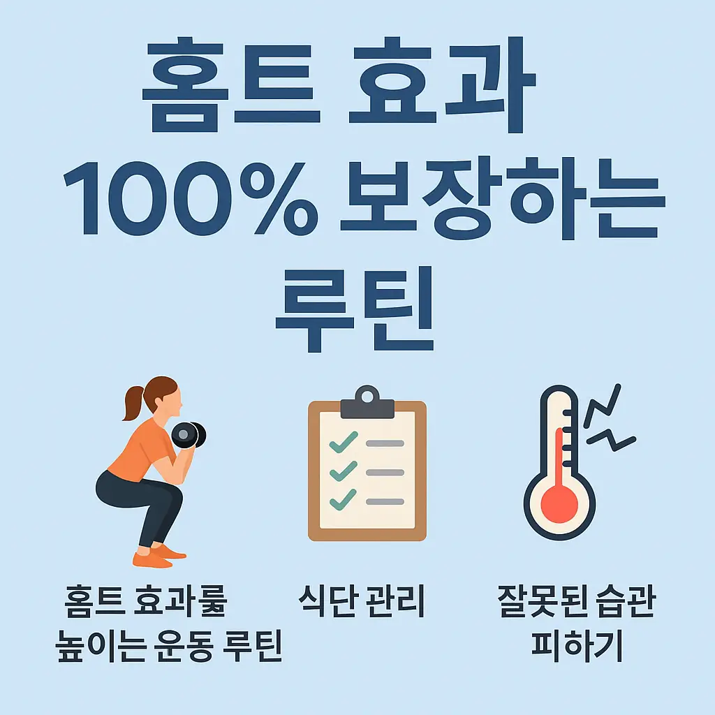홈트 효과 100% 보장하는 루틴 – 운동 루틴, 식단 관리, 잘못된 습관 피하기를 강조한 인포그래픽