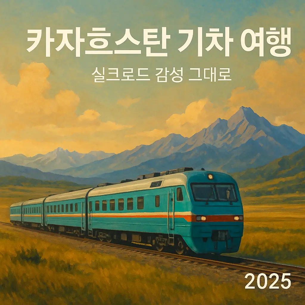 실크로드 감성을 담은 카자흐스탄 기차 여행 썸네일 – 초원을 달리는 열차와 산맥 풍경
