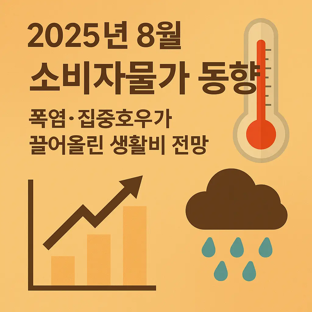 2025년 8월 소비자물가 동향을 상징하는 인포그래픽, 폭염과 집중호우, 상승 그래프와 생활비 부담을 표현