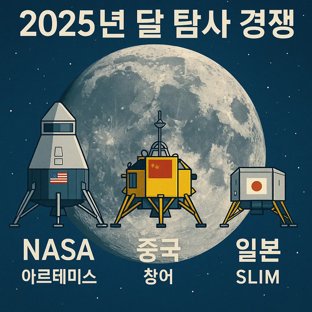 2025년 달 탐사 경쟁을 상징하는 NASA 아르테미스, 중국 창어, 일본 SLIM 착륙선 일러스트