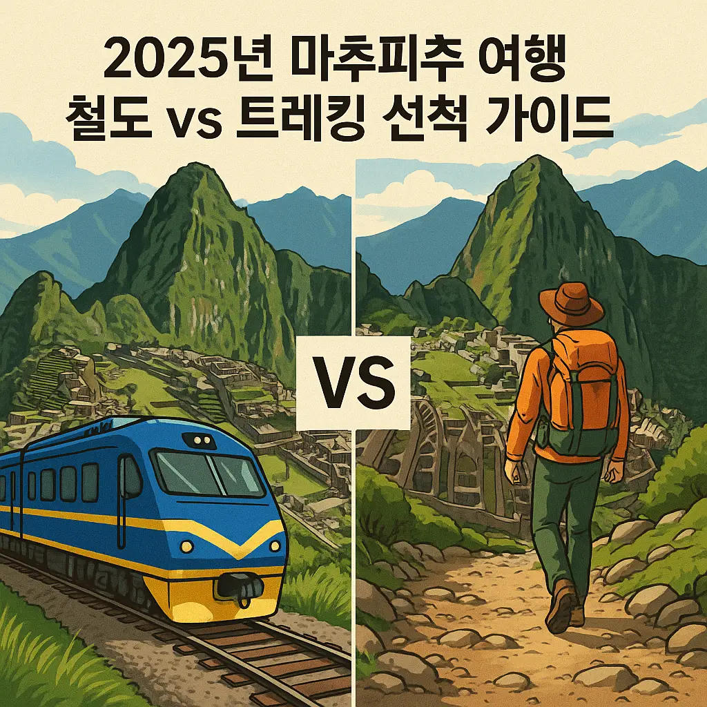 마추픽추를 향하는 열차와 트레킹 여행자가 대비되는 풍경
