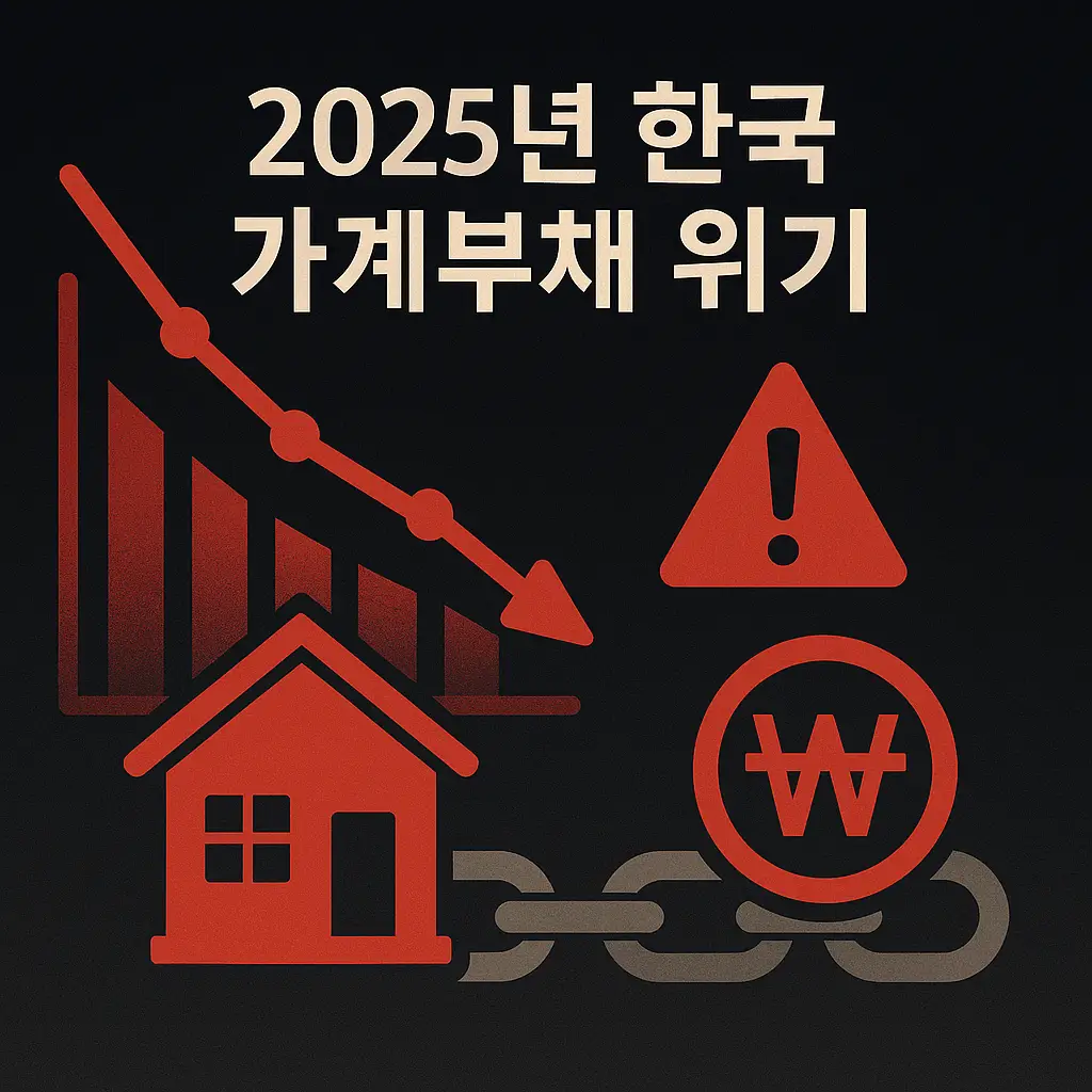 2025년 한국 가계부채 위기를 상징하는 그래프와 주택, 원화 기호, 경고 아이콘