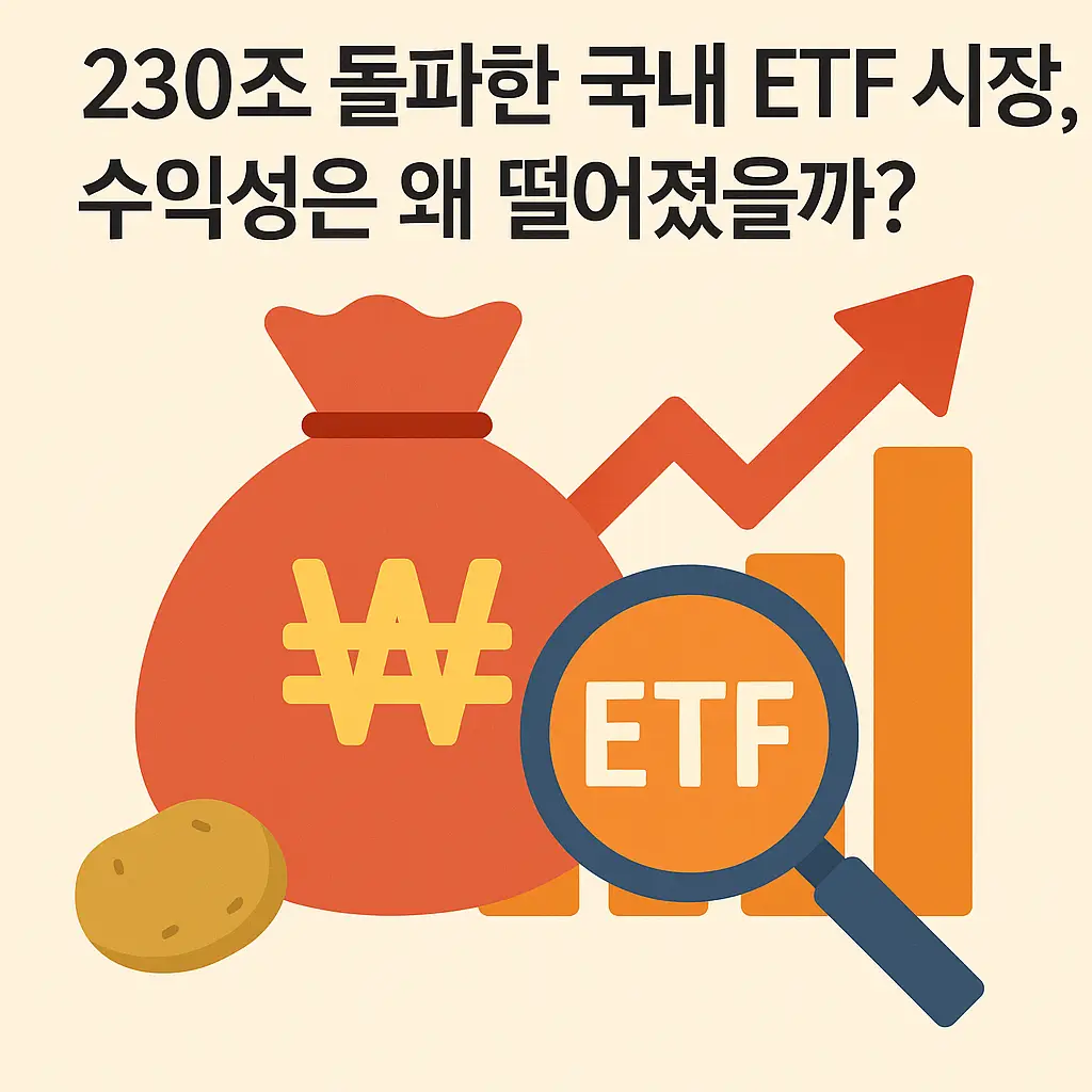 국내 ETF 시장 230조 돌파와 수익성 저하 문제를 상징하는 인포그래픽