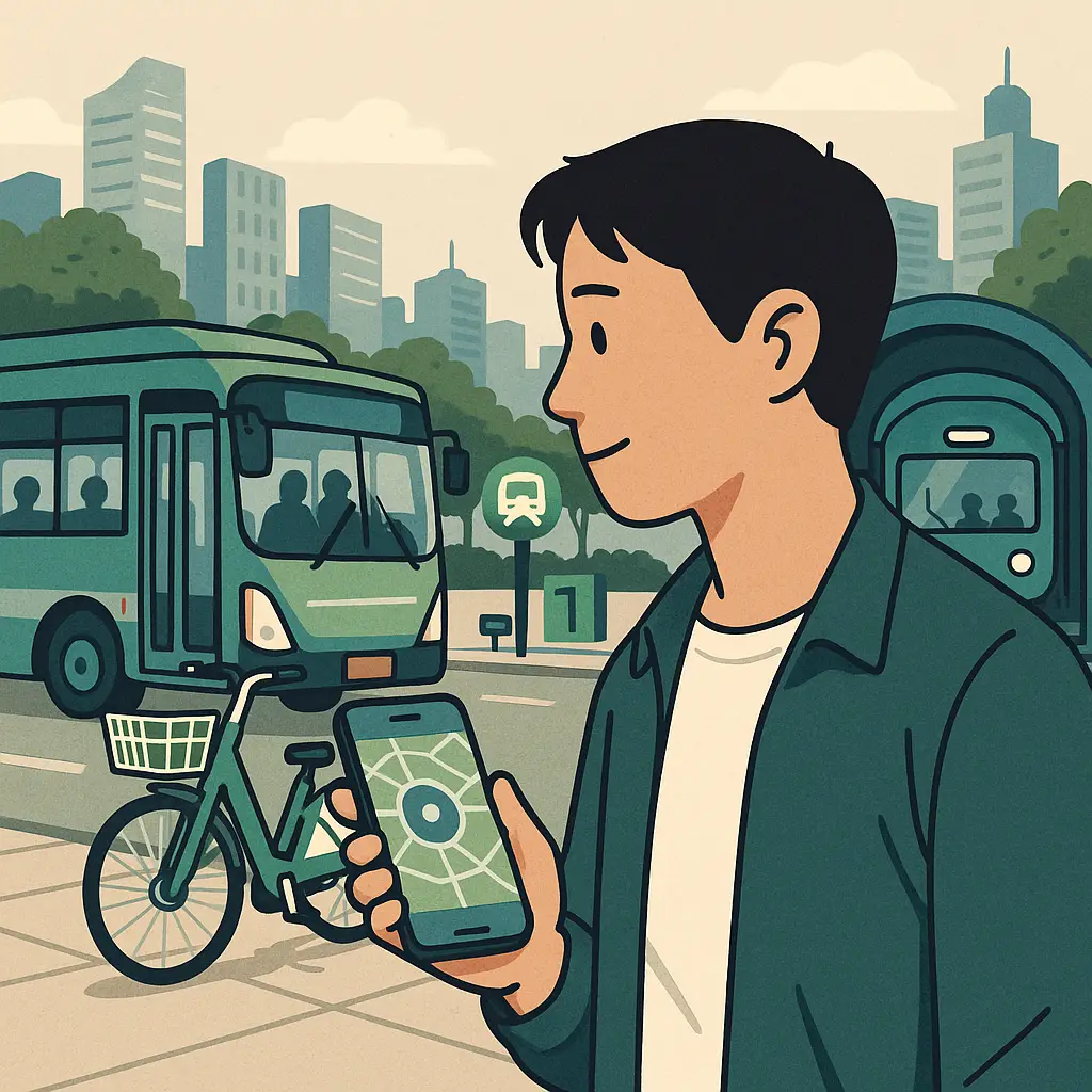 서울 지하철역 앞에서 스마트폰으로 교통 앱을 보는 시민과 따릉이, 버스, 지하철 풍경