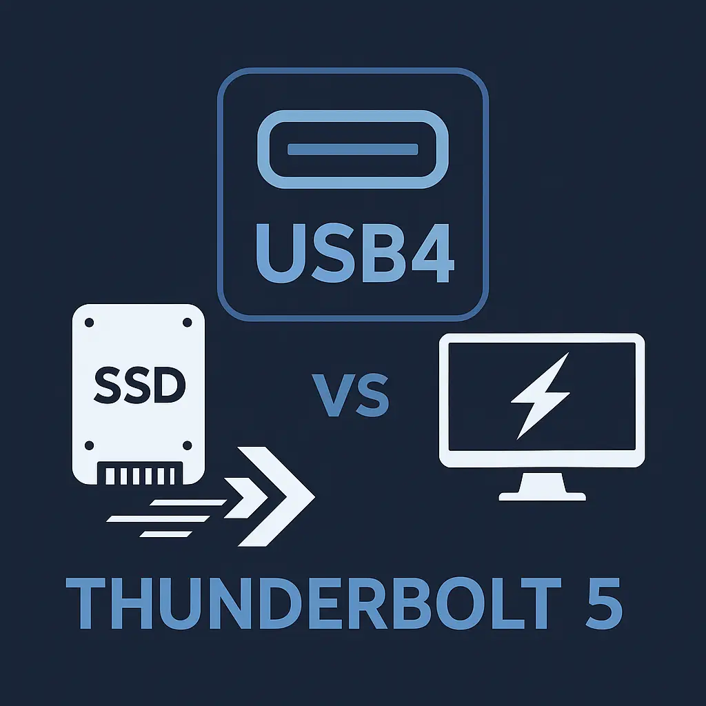 USB4와 썬더볼트5 비교를 표현한 아이콘형 일러스트 – SSD와 모니터 연결 차이 강조