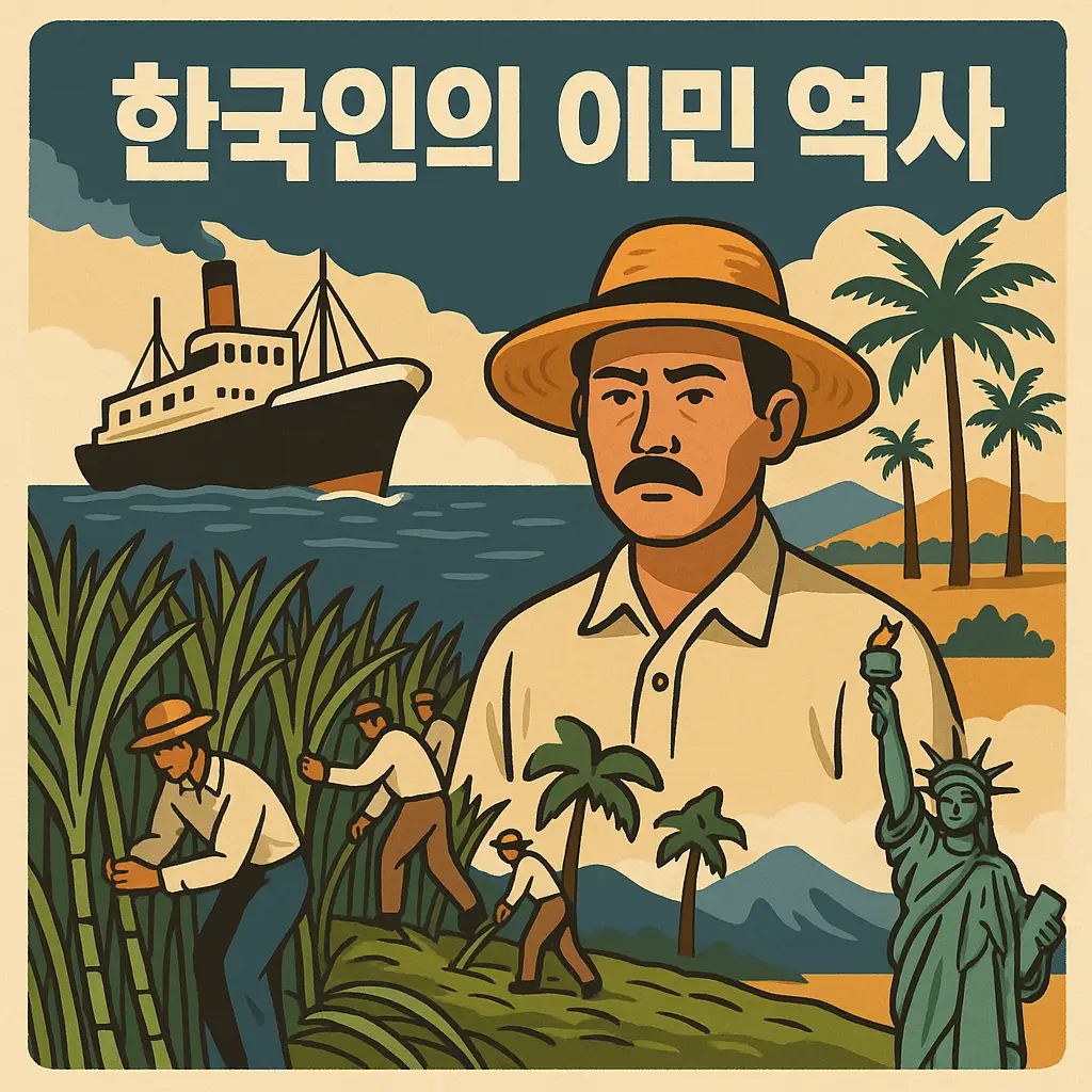 한국인의 이민 역사를 상징하는 디지털 일러스트, 증기선·사탕수수 농장 노동자·자유의 여신상·하와이 풍경이 함께 배치됨