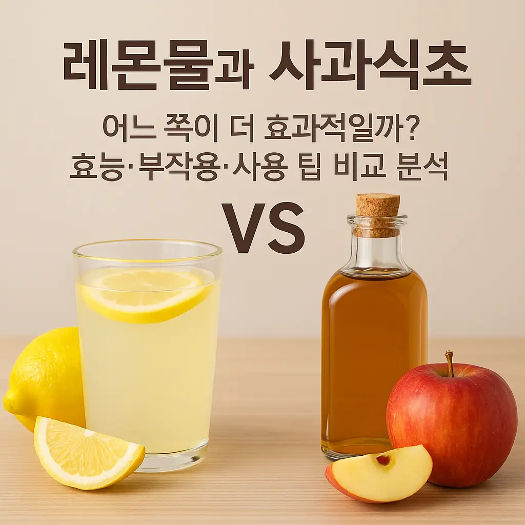 레몬물과 사과식초 병이 나란히 놓여 있는 비교 이미지, 상단에 '레몬물과 사과식초 효능·부작용·사용 팁 비교 분석' 텍스트 표시