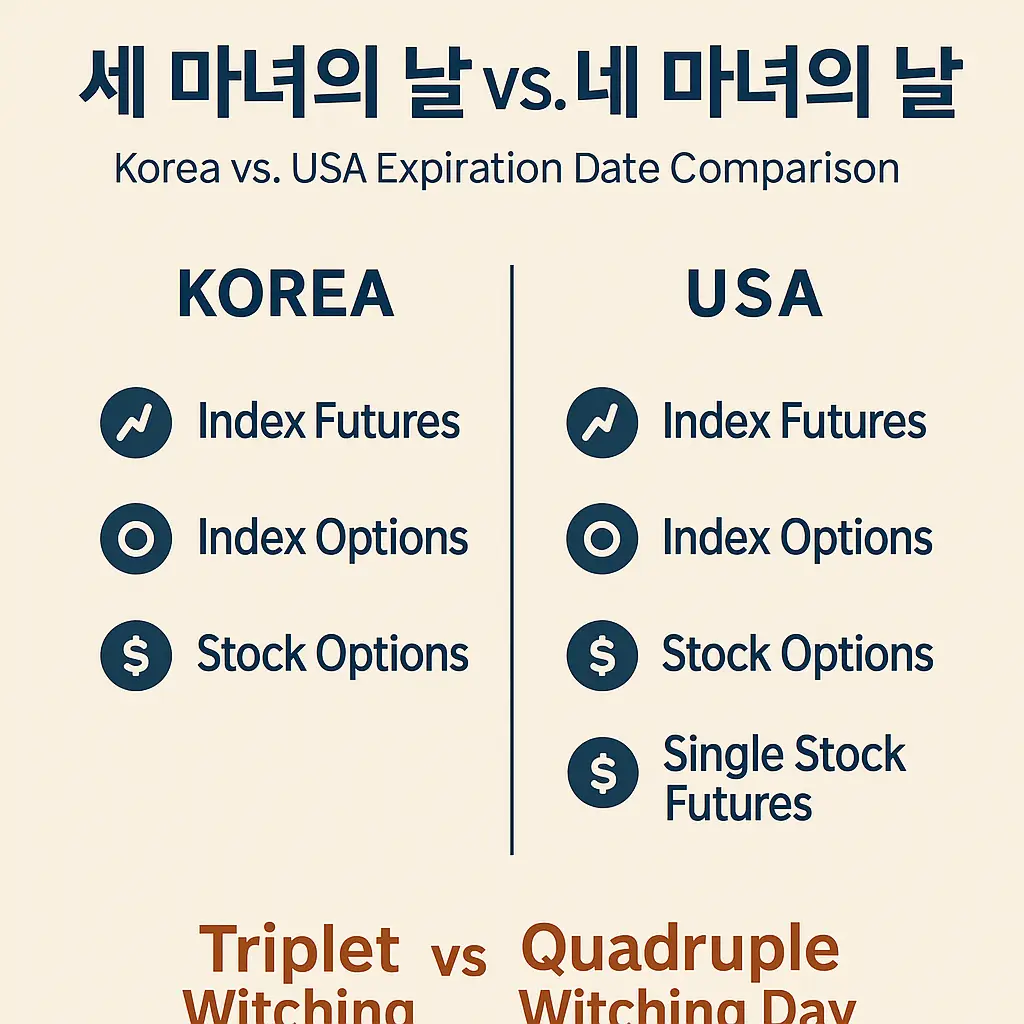 세 마녀의 날과 네 마녀의 날의 차이를 보여주는 비교 인포그래픽. 한국은 인덱스 선물·옵션, 주식 옵션 3가지 만기, 미국은 개별주식선물까지 포함된 4가지 만기 설명.