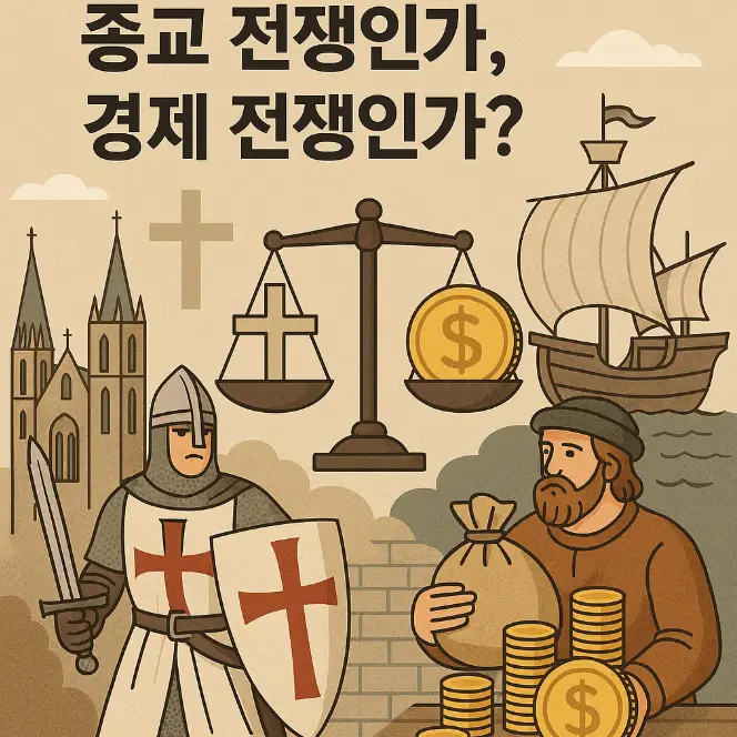 십자군 전쟁의 진짜 이유를 종교와 경제적 관점에서 상징적으로 표현한 일러스트