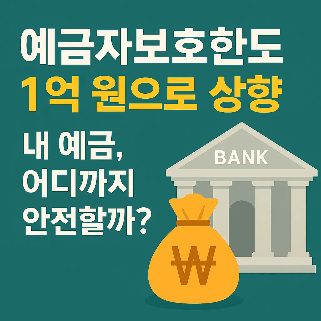 예금자보호 한도 1억 원 상향을 알리는 금융 안전망 컨셉 썸네일, 은행 건물과 돈자루 그림