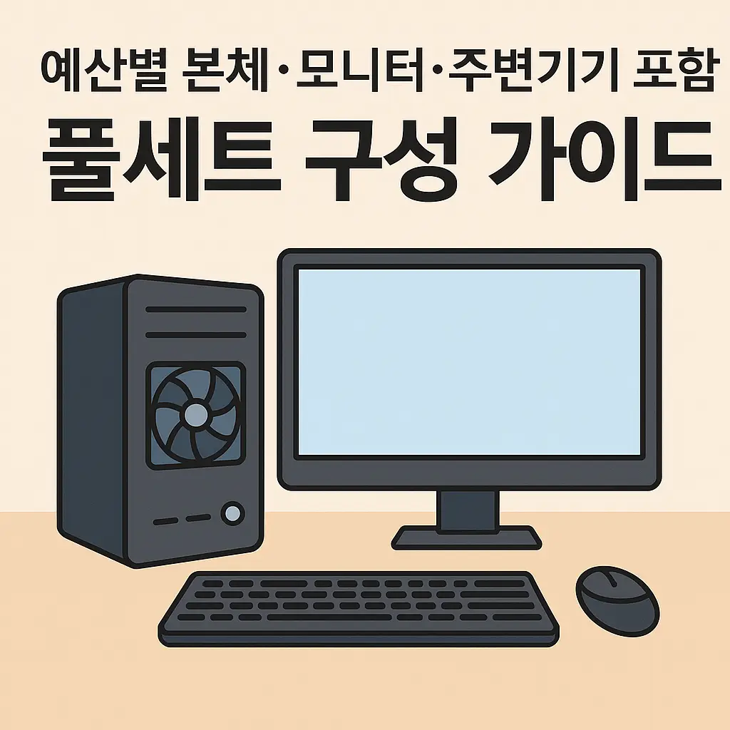 예산별 본체·모니터·주변기기 포함 풀세트 구성 가이드를 설명하는 PC 세트 일러스트 썸네일