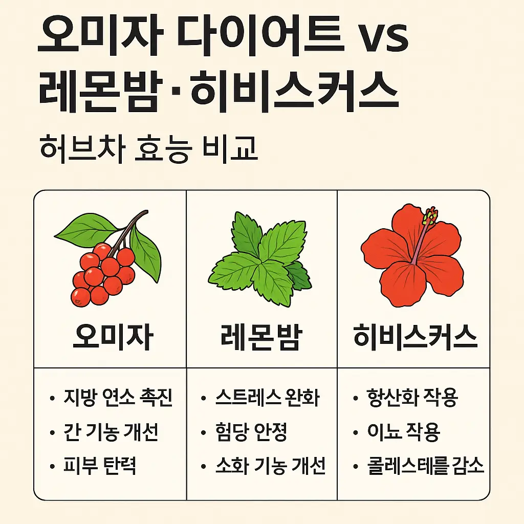 오미자, 레몬밤, 히비스커스 허브차 비교