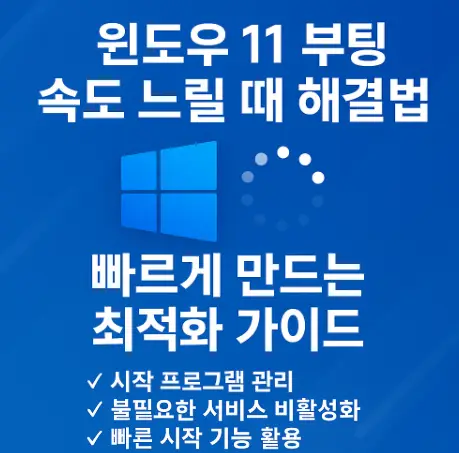 윈도우 11 부팅 속도 느릴 때 해결법 – 빠르게 만드는 최적화 가이드"라는 문구와 함께 체크리스트가 포함된 파란색 배경의 정사각형 인포그래픽