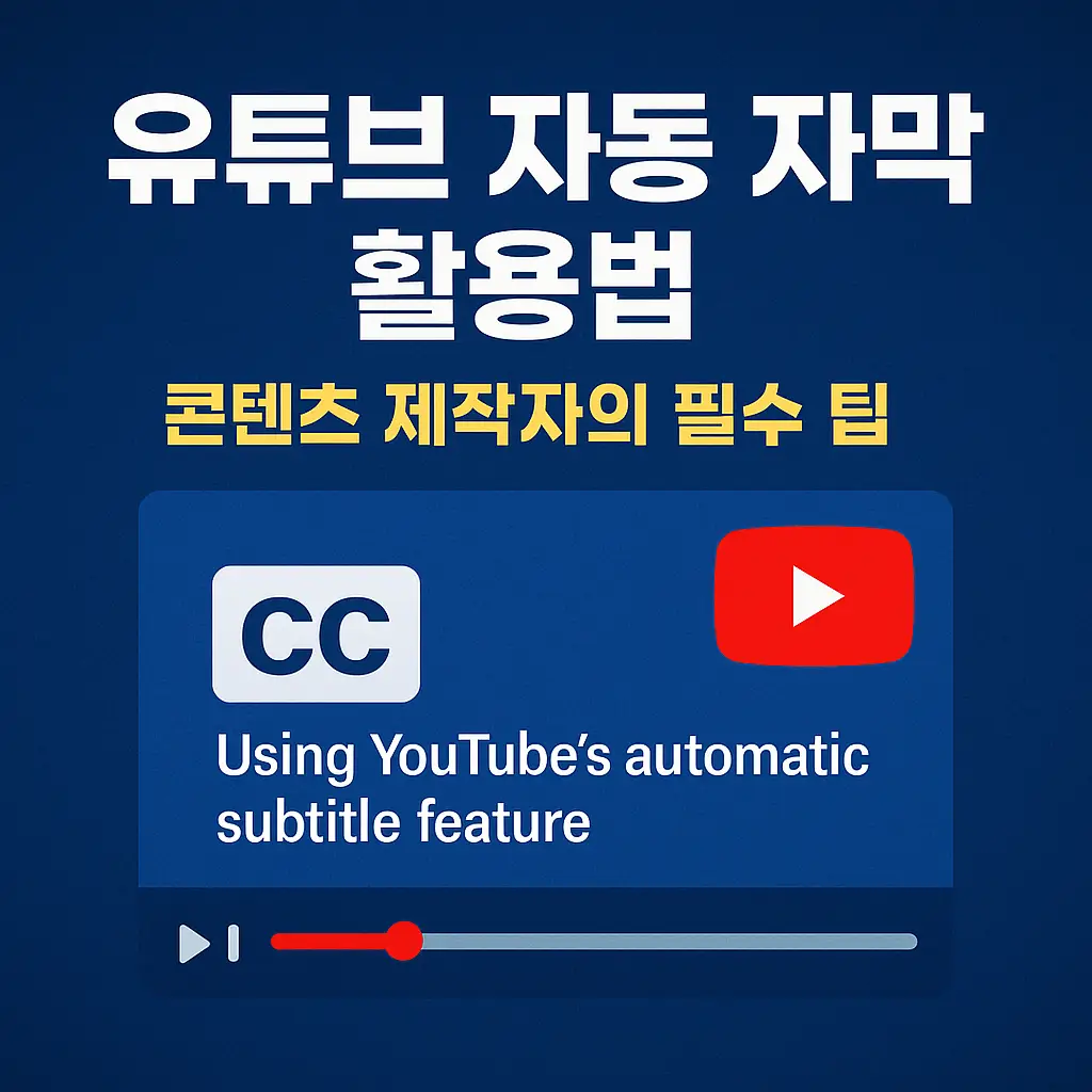 유튜브 자동 자막 활용법을 주제로 한 썸네일 이미지. 상단에는 '유튜브 자동 자막 활용법, 콘텐츠 제작자의 필수 팁'이라는 굵은 한글 문구가 있으며, 하단에는 유튜브 로고와 CC 아이콘, 자동 자막 기능을 상징하는 자막 블록이 배치되어 있음